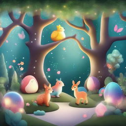 Create a whimsical scene featuring a colorful, magical forest with playful creatures, sparkling lights, and enchanted plants