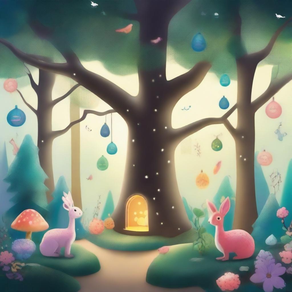 Create a whimsical scene featuring a colorful, magical forest with playful creatures, sparkling lights, and enchanted plants