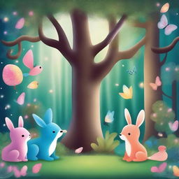 Create a whimsical scene featuring a colorful, magical forest with playful creatures, sparkling lights, and enchanted plants