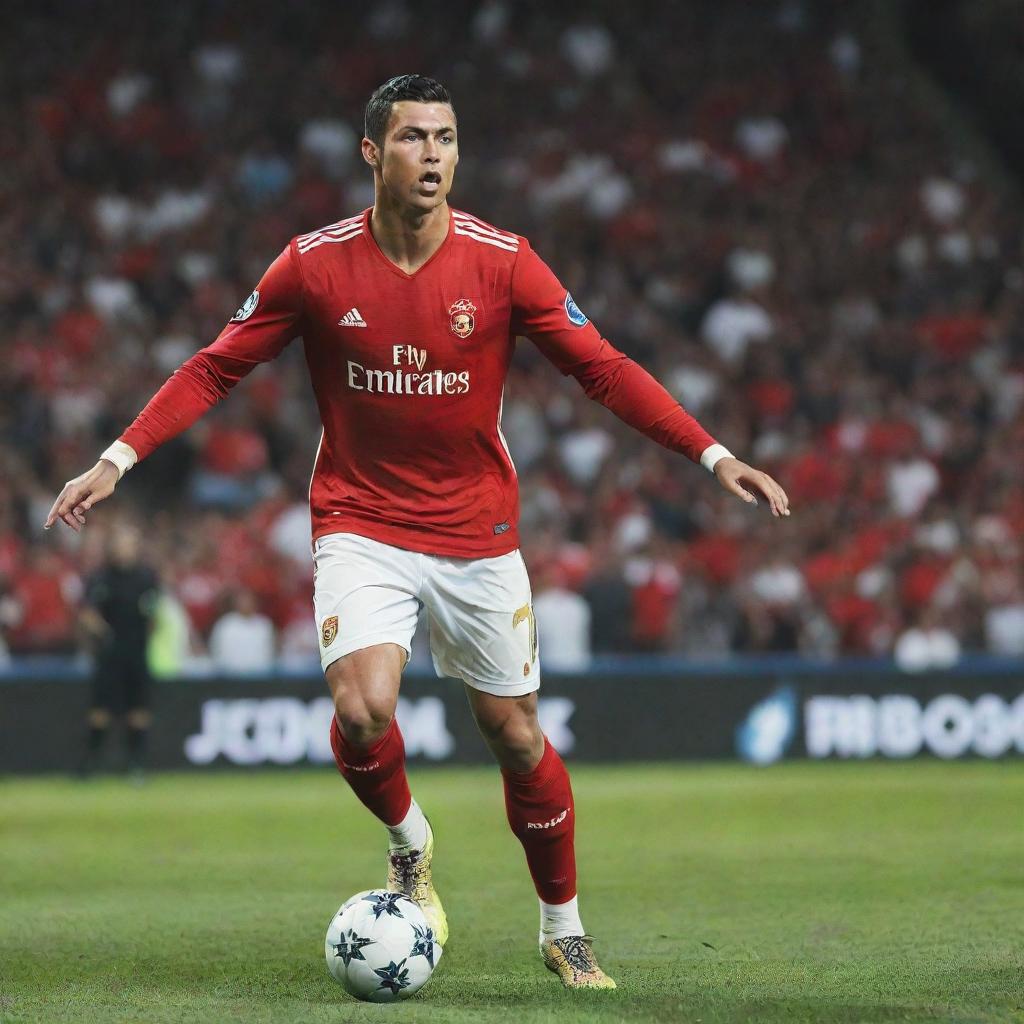 An engaging poster showcasing Cristiano Ronaldo in powerful action, adorned in his signature #7 jersey, against a lively stadium background with his name emblazoned in bold design.