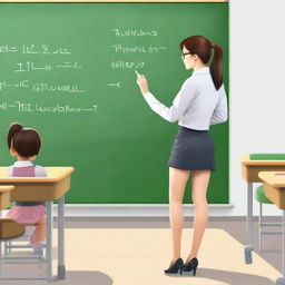 A realistic image of a teacher writing on the board in a classroom