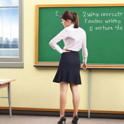 A realistic image of a teacher writing on the board in a classroom