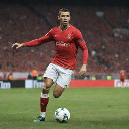 An engaging poster showcasing Cristiano Ronaldo in powerful action, adorned in his signature #7 jersey, against a lively stadium background with his name emblazoned in bold design.