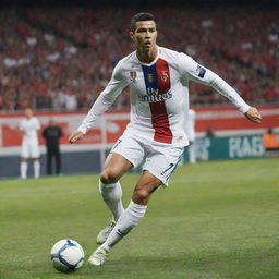 An engaging poster showcasing Cristiano Ronaldo in powerful action, adorned in his signature #7 jersey, against a lively stadium background with his name emblazoned in bold design.