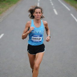 An inspiring image of a marathon runner, fatigued but undeterred, with the words 'Never Give Up' surrounding in a motivating aura.