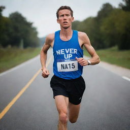 An inspiring image of a marathon runner, fatigued but undeterred, with the words 'Never Give Up' surrounding in a motivating aura.