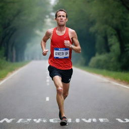 An inspiring image of a marathon runner, fatigued but undeterred, with the words 'Never Give Up' surrounding in a motivating aura.