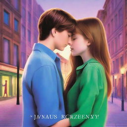 A romantic scene set in an urban landscape at dusk