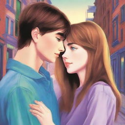 A romantic scene set in an urban landscape at dusk