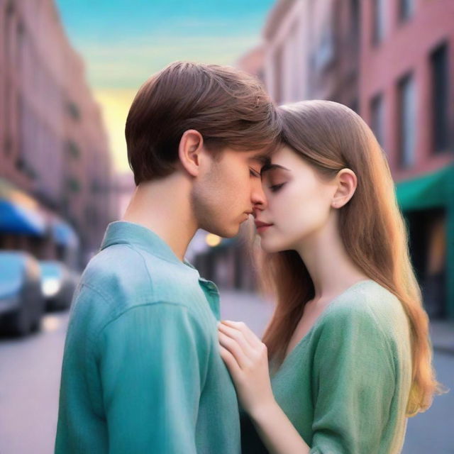 A romantic scene set in an urban landscape at dusk