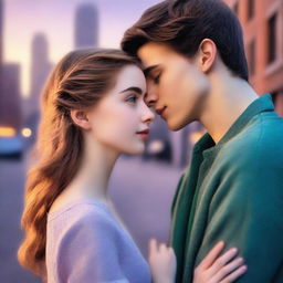 A romantic scene set in an urban landscape at dusk