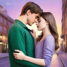 A romantic scene set in an urban landscape at dusk