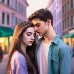 A romantic scene set in an urban landscape at dusk