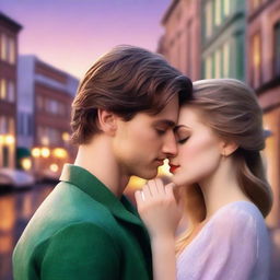 A romantic scene set in an urban landscape at dusk