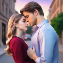 A romantic scene set in an urban landscape at dusk