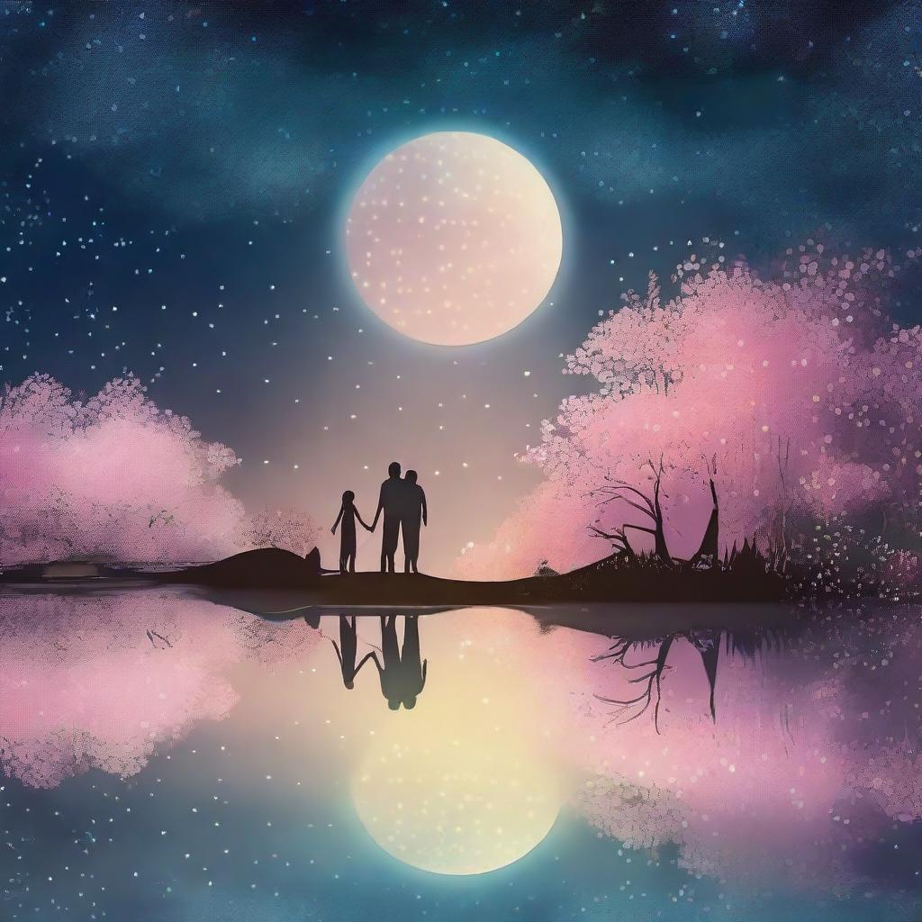 A beautiful romantic scene featuring a couple holding hands under a starry night sky