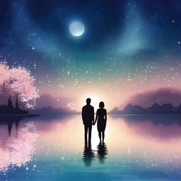 A beautiful romantic scene featuring a couple holding hands under a starry night sky