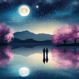 A beautiful romantic scene featuring a couple holding hands under a starry night sky