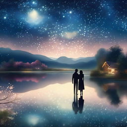 A beautiful romantic scene featuring a couple holding hands under a starry night sky