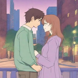 A romantic scene set in an urban landscape at dusk