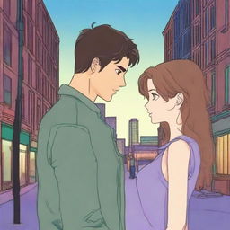 A romantic scene set in an urban landscape at dusk