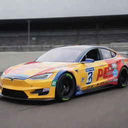 A Tesla car transformed into a NASCAR style, featuring vibrant colors, race-specific alterations, and adorned with various sponsorship logos.