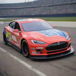 A Tesla car transformed into a NASCAR style, featuring vibrant colors, race-specific alterations, and adorned with various sponsorship logos.