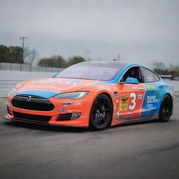 A Tesla car transformed into a NASCAR style, featuring vibrant colors, race-specific alterations, and adorned with various sponsorship logos.