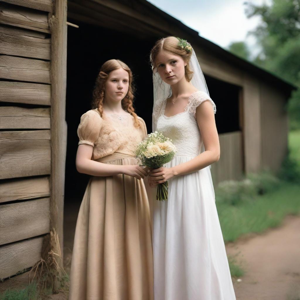 A girl wearing a vintage 1970s wedding gown is holding a flower with her face hidden