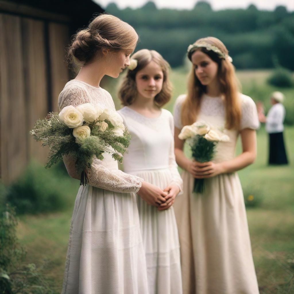 A girl wearing a vintage 1970s wedding gown is holding a flower with her face hidden