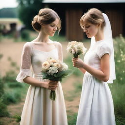 A girl wearing a vintage 1970s wedding gown is holding a flower with her face hidden