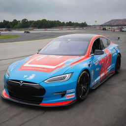 A Tesla car transformed into a NASCAR style, featuring vibrant colors, race-specific alterations, and adorned with various sponsorship logos.