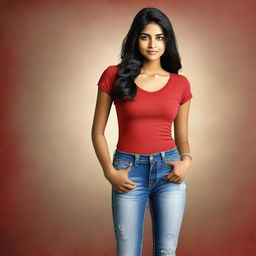 A very realistic depiction of a 21-year-old Indian girl wearing jeans and a red top