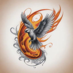 Create an intricate tattoo design representing the essence of an impulsive spirit, with elements such as swirling wind, a soaring bird, or a sudden burst of flames.