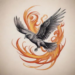 Create an intricate tattoo design representing the essence of an impulsive spirit, with elements such as swirling wind, a soaring bird, or a sudden burst of flames.