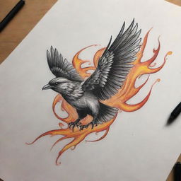 Create an intricate tattoo design representing the essence of an impulsive spirit, with elements such as swirling wind, a soaring bird, or a sudden burst of flames.