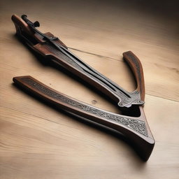 A crossbow made from sturdy, dark-stained oak and reinforced with steel inlays