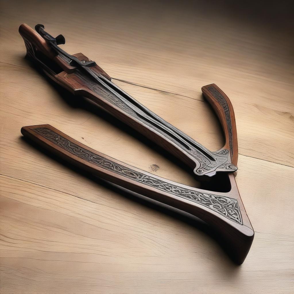 A crossbow made from sturdy, dark-stained oak and reinforced with steel inlays