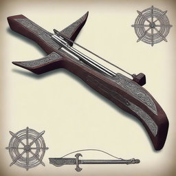 A crossbow made from sturdy, dark-stained oak and reinforced with steel inlays