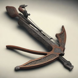 A crossbow made from sturdy, dark-stained oak and reinforced with steel inlays
