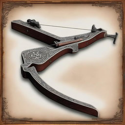 A crossbow made from sturdy, dark-stained oak and reinforced with steel inlays