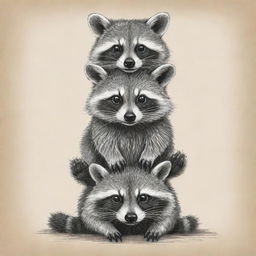 A sketched totem of raccoons stacked on top of each other, in a playful and whimsical style