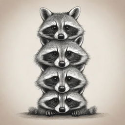 A sketched totem of raccoons stacked on top of each other, in a playful and whimsical style