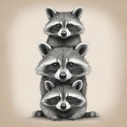 A sketched totem of raccoons stacked on top of each other, in a playful and whimsical style