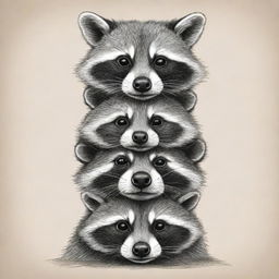 A sketched totem of raccoons stacked on top of each other, in a playful and whimsical style