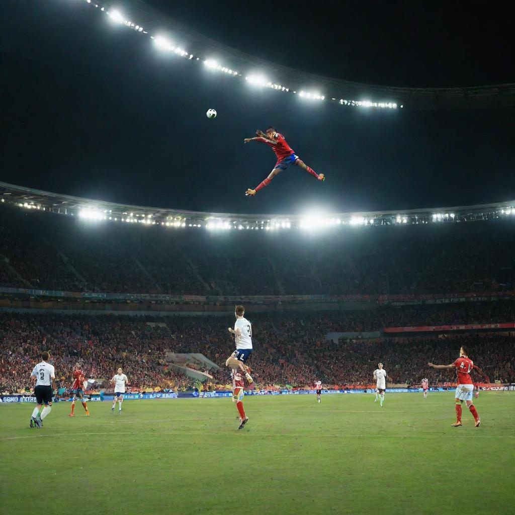 A vibrant image of a football mid-air in a filled stadium with players eagerly chasing it under the bright floodlights.