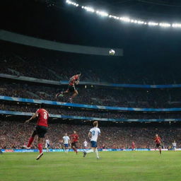 A vibrant image of a football mid-air in a filled stadium with players eagerly chasing it under the bright floodlights.