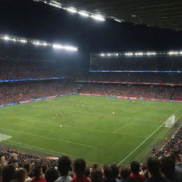 A vibrant image of a football mid-air in a filled stadium with players eagerly chasing it under the bright floodlights.