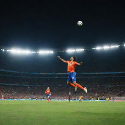 A vibrant image of a football mid-air in a filled stadium with players eagerly chasing it under the bright floodlights.