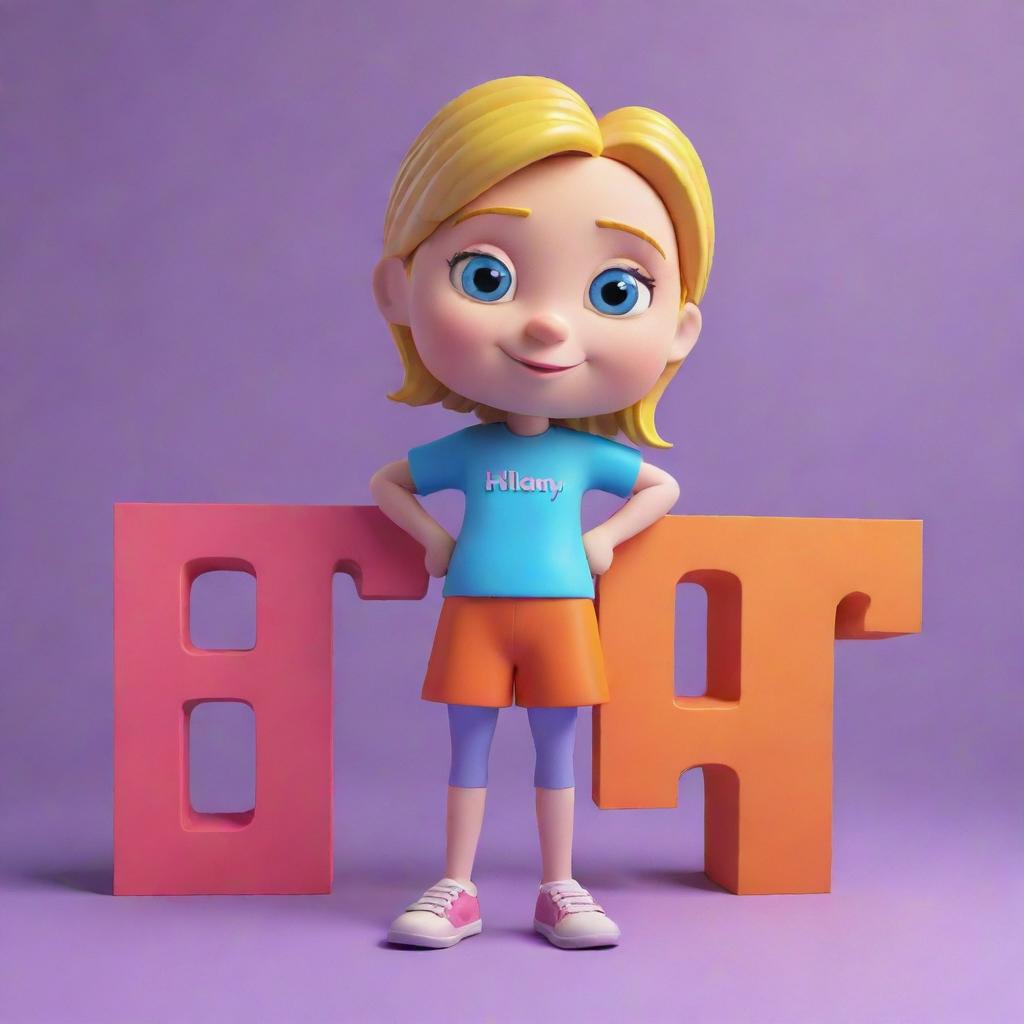 3D cartoon character of a girl, named Hillary. She is standing in a vibrant yet simplistic setting, with her name, Hillary, embossed in bright, dynamic letters on the background.